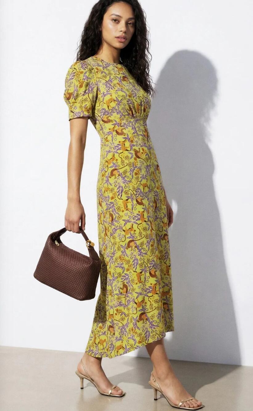 Saloni Yellow Printed Bianca Midi Silk Dress Womens Size 0